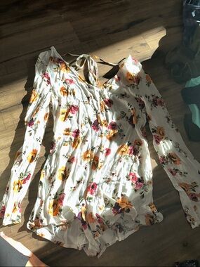 Honey Punch White Floral Tie-Back Long Sleeve Bodysuit - Pink & Yellow Flowers